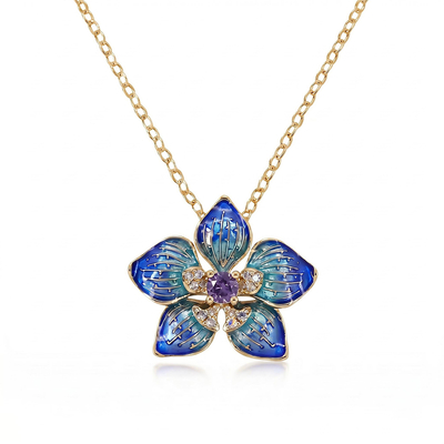 Enamel Nature Glaze Dazzling Blue Five-Petal Flower Pendant Necklace