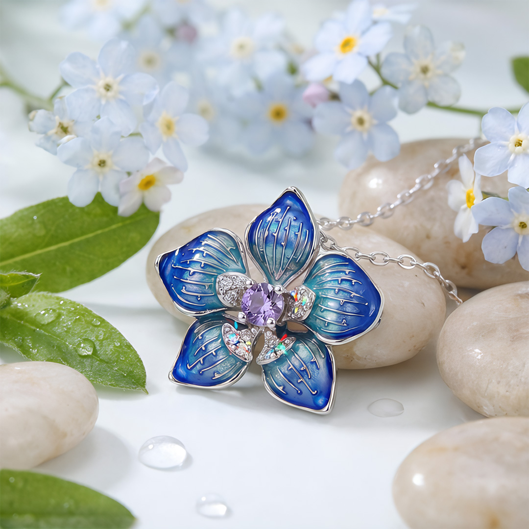 Enamel Nature Glaze Dazzling Blue Five-Petal Flower Pendant Necklace
