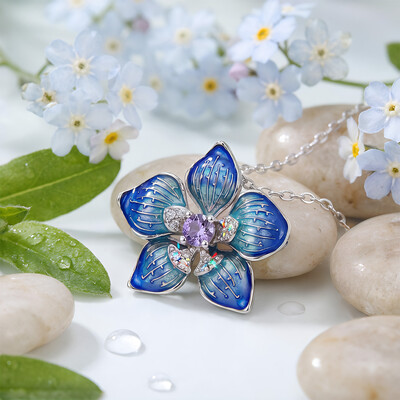 Enamel Nature Glaze Dazzling Blue Five-Petal Flower Pendant Necklace