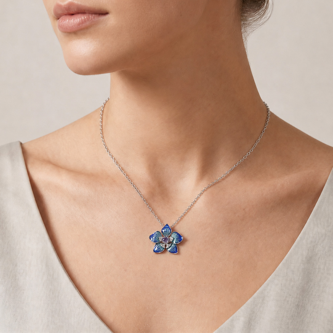 Enamel Nature Glaze Dazzling Blue Five-Petal Flower Pendant Necklace