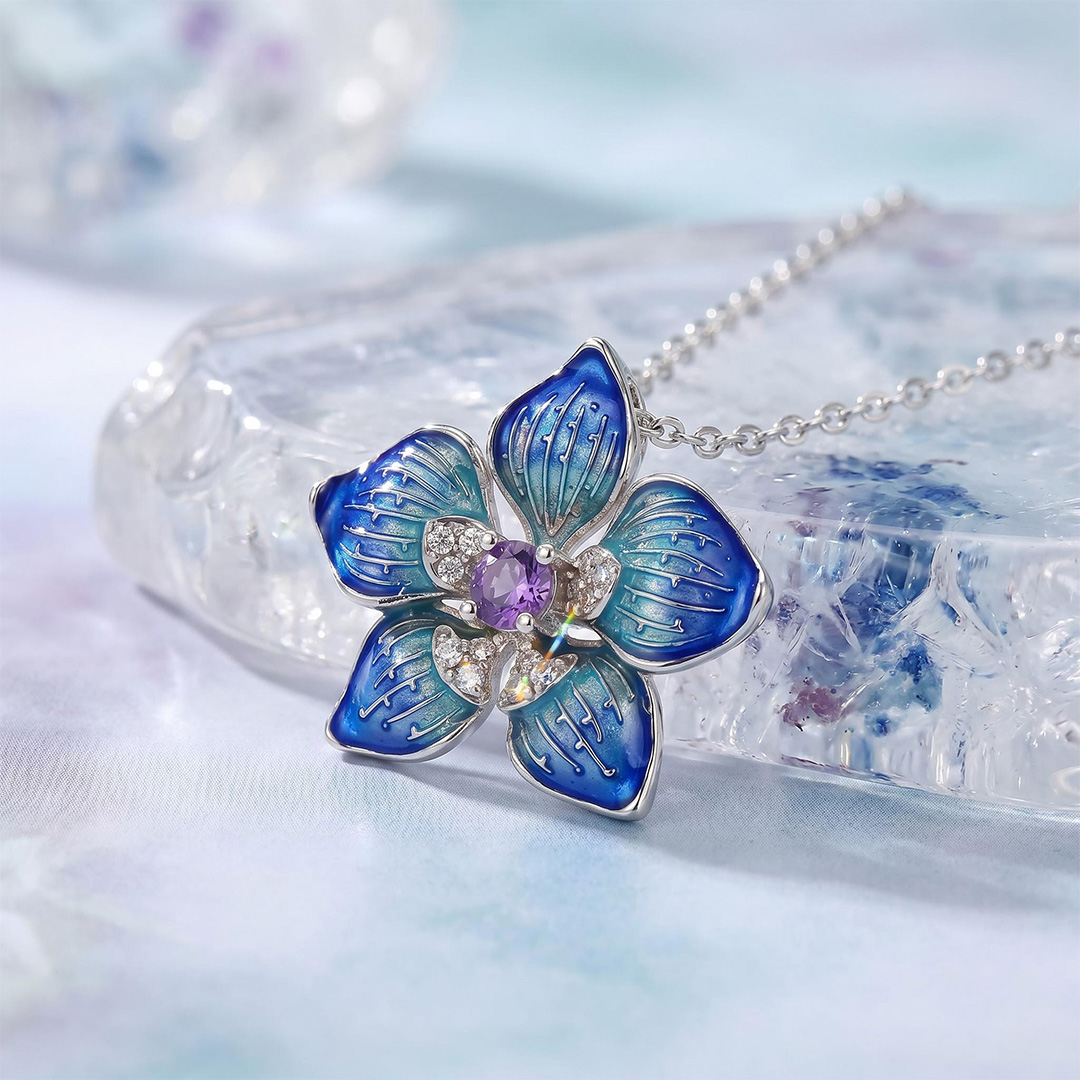 Enamel Nature Glaze Dazzling Blue Five-Petal Flower Pendant Necklace
