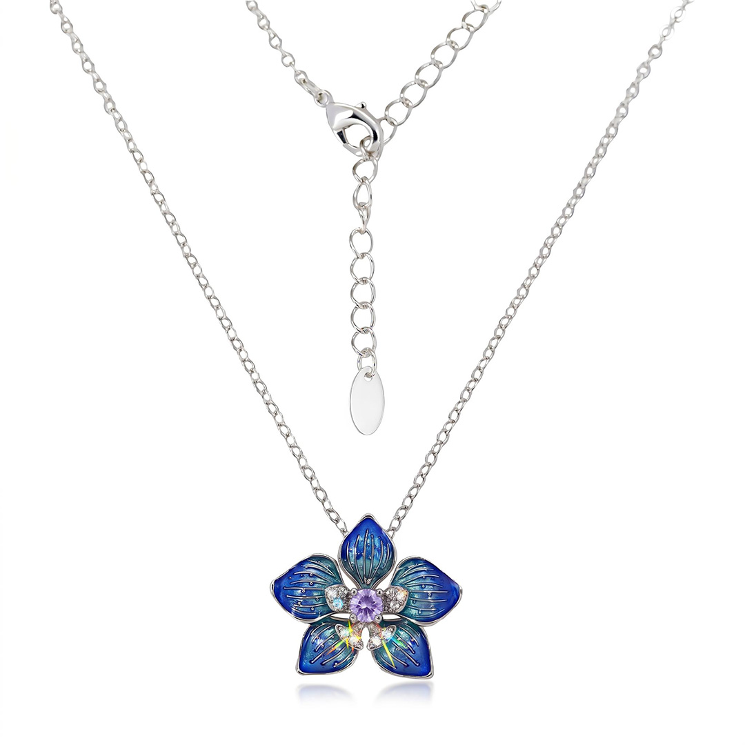 Enamel Nature Glaze Dazzling Blue Five-Petal Flower Pendant Necklace