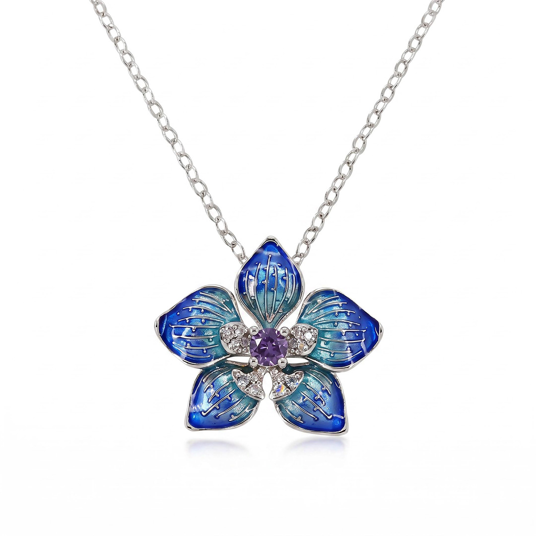Enamel Nature Glaze Dazzling Blue Five-Petal Flower Pendant Necklace