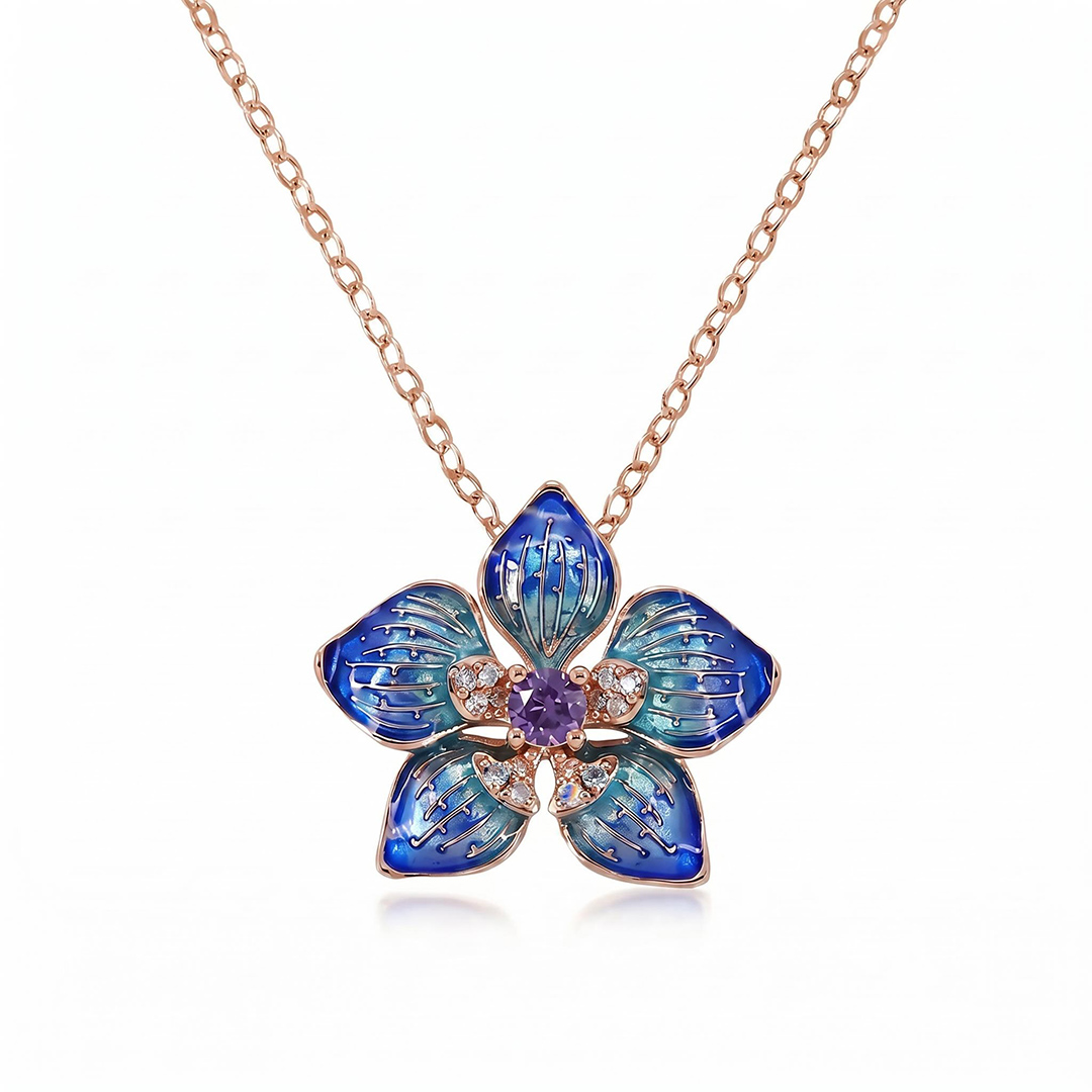 Enamel Nature Glaze Dazzling Blue Five-Petal Flower Pendant Necklace