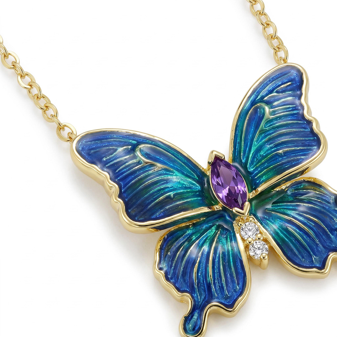Enamel Nature Glaze Dazzling Blue Butterfly Pendant Necklace