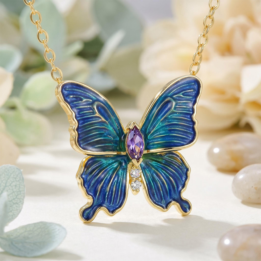 Enamel Nature Glaze Dazzling Blue Butterfly Pendant Necklace