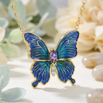 Enamel Nature Glaze Dazzling Blue Butterfly Pendant Necklace