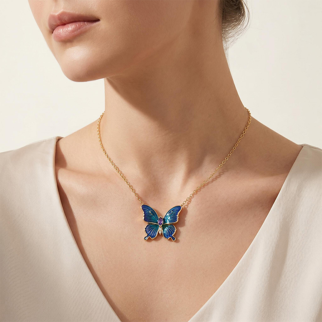 Enamel Nature Glaze Dazzling Blue Butterfly Pendant Necklace