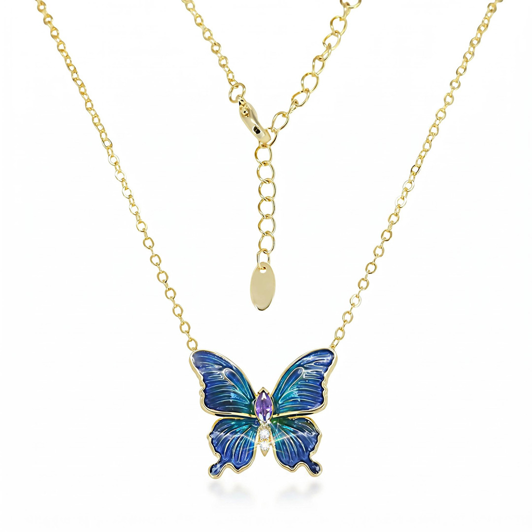 Enamel Nature Glaze Dazzling Blue Butterfly Pendant Necklace