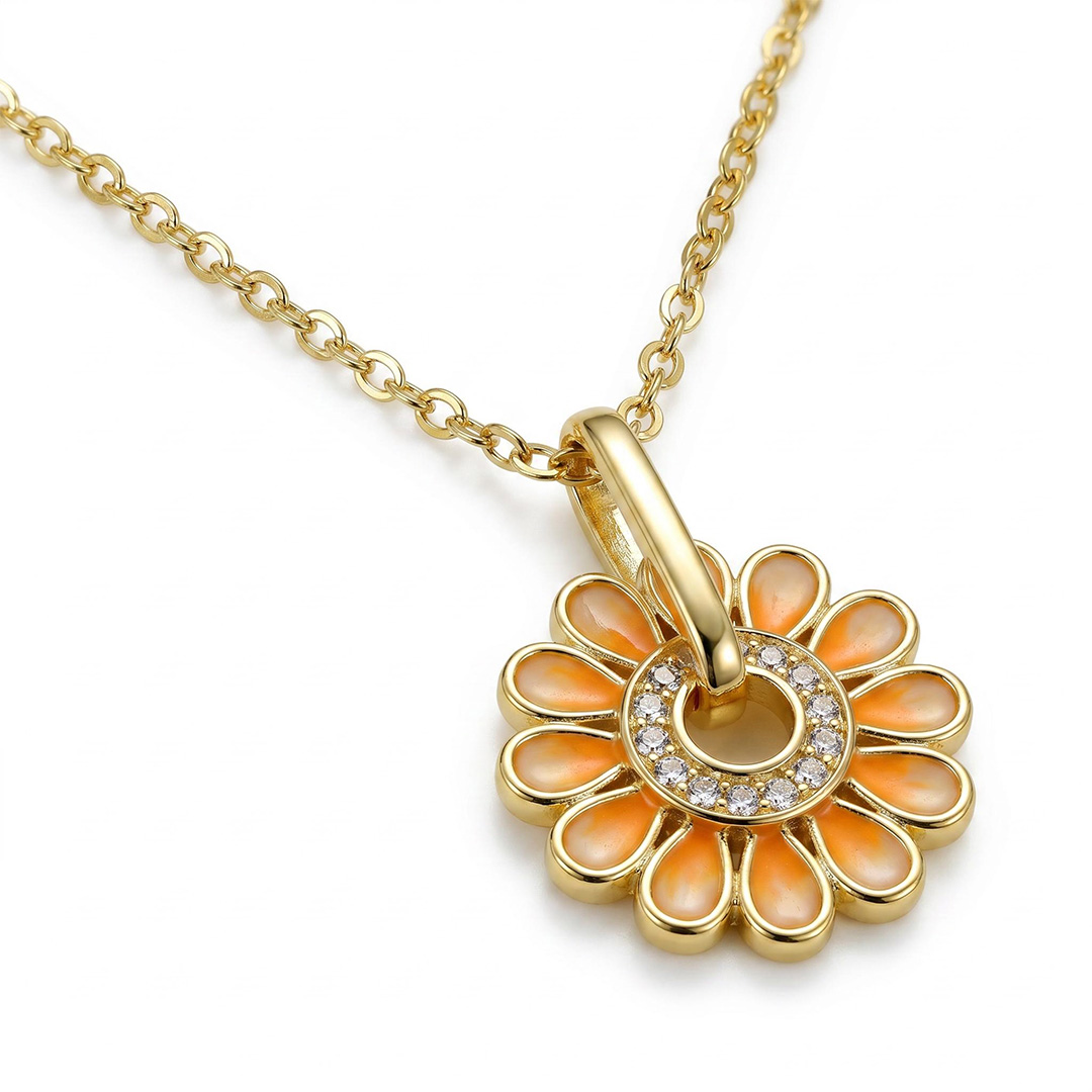 Enamel Nature Glaze Orange Sunflower Pendant Necklace