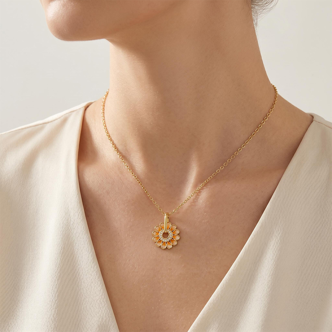 Enamel Nature Glaze Orange Sunflower Pendant Necklace