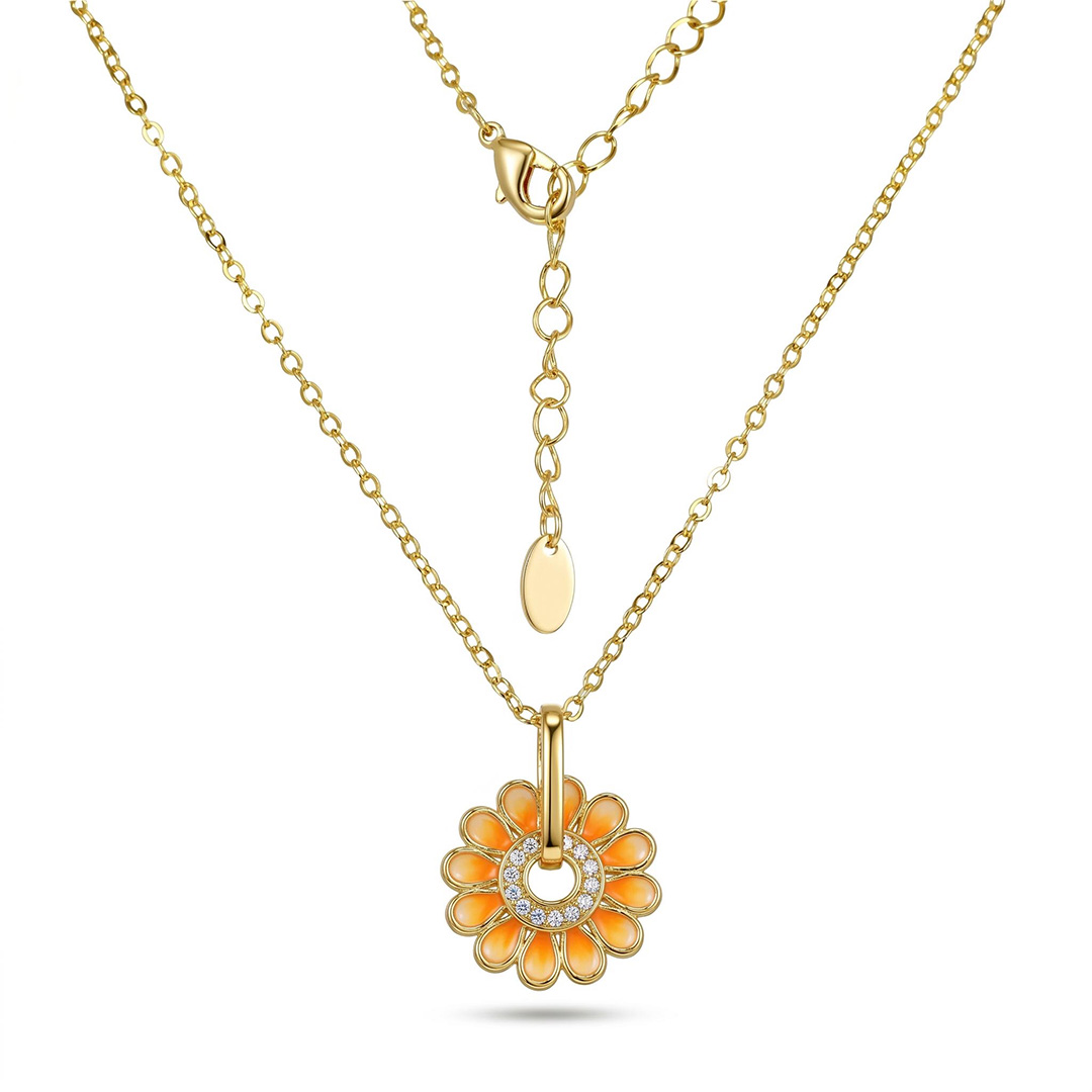 Enamel Nature Glaze Orange Sunflower Pendant Necklace