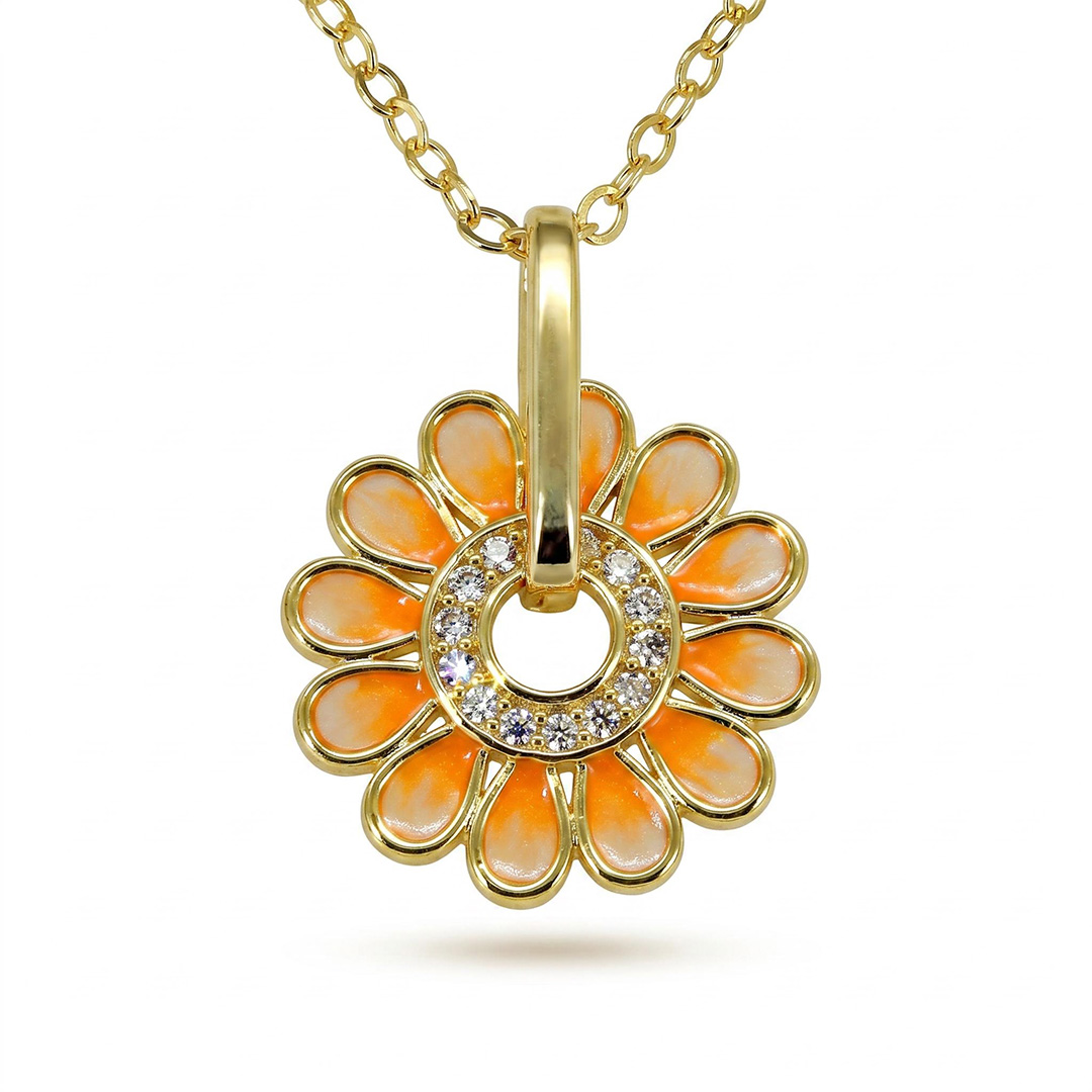 Enamel Nature Glaze Orange Sunflower Pendant Necklace