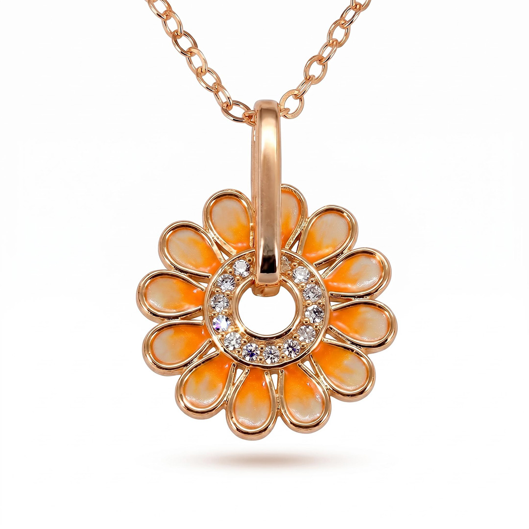 Enamel Nature Glaze Orange Sunflower Pendant Necklace