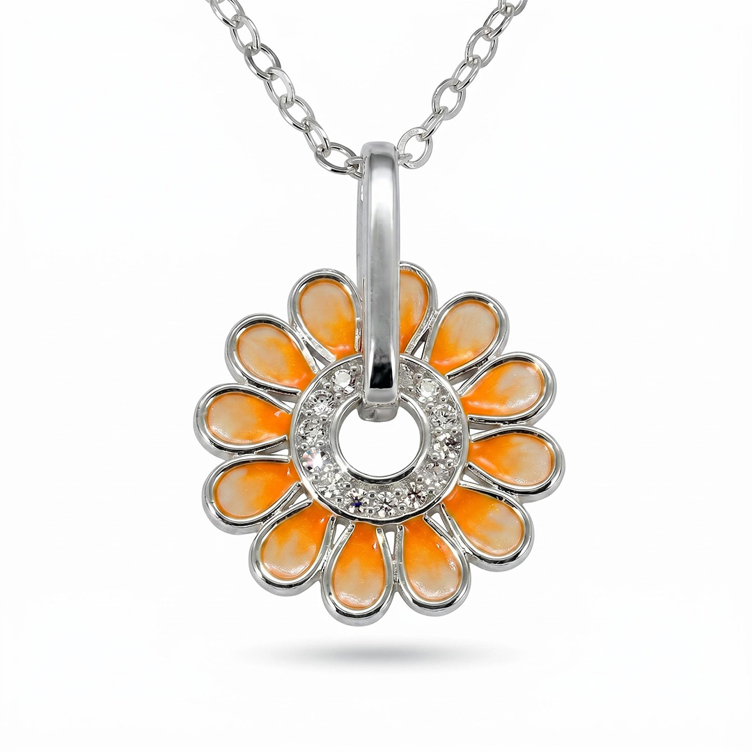 Enamel Nature Glaze Orange Sunflower Pendant Necklace
