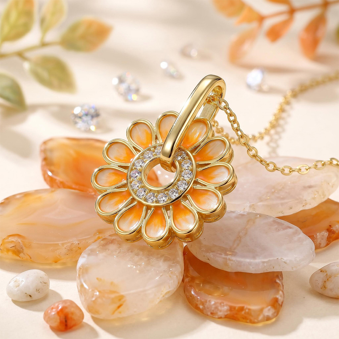 Enamel Nature Glaze Orange Sunflower Pendant Necklace