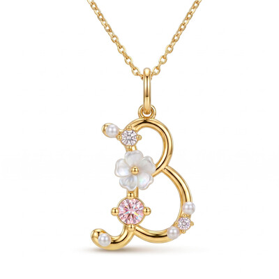 0.39 ct.tw. Custom Initial Necklace with Inlaid Zircon, Pearls and Mother-of-Pearl Flower