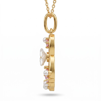 0.39 ct.tw. Custom Initial Necklace with Inlaid Zircon, Pearls and Mother-of-Pearl Flower