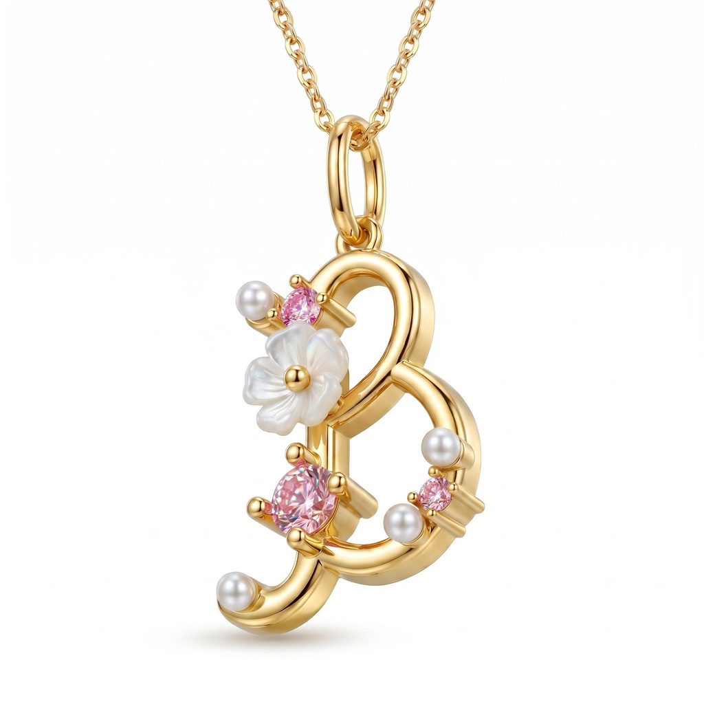 0.39 ct.tw. Custom Initial Necklace with Inlaid Zircon, Pearls and Mother-of-Pearl Flower