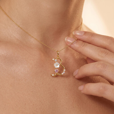 0.39 ct.tw. Custom Initial Necklace with Inlaid Zircon, Pearls and Mother-of-Pearl Flower