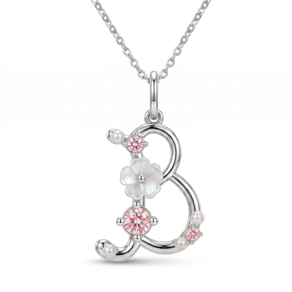 0.39 ct.tw. Custom Initial Necklace with Inlaid Zircon, Pearls and Mother-of-Pearl Flower