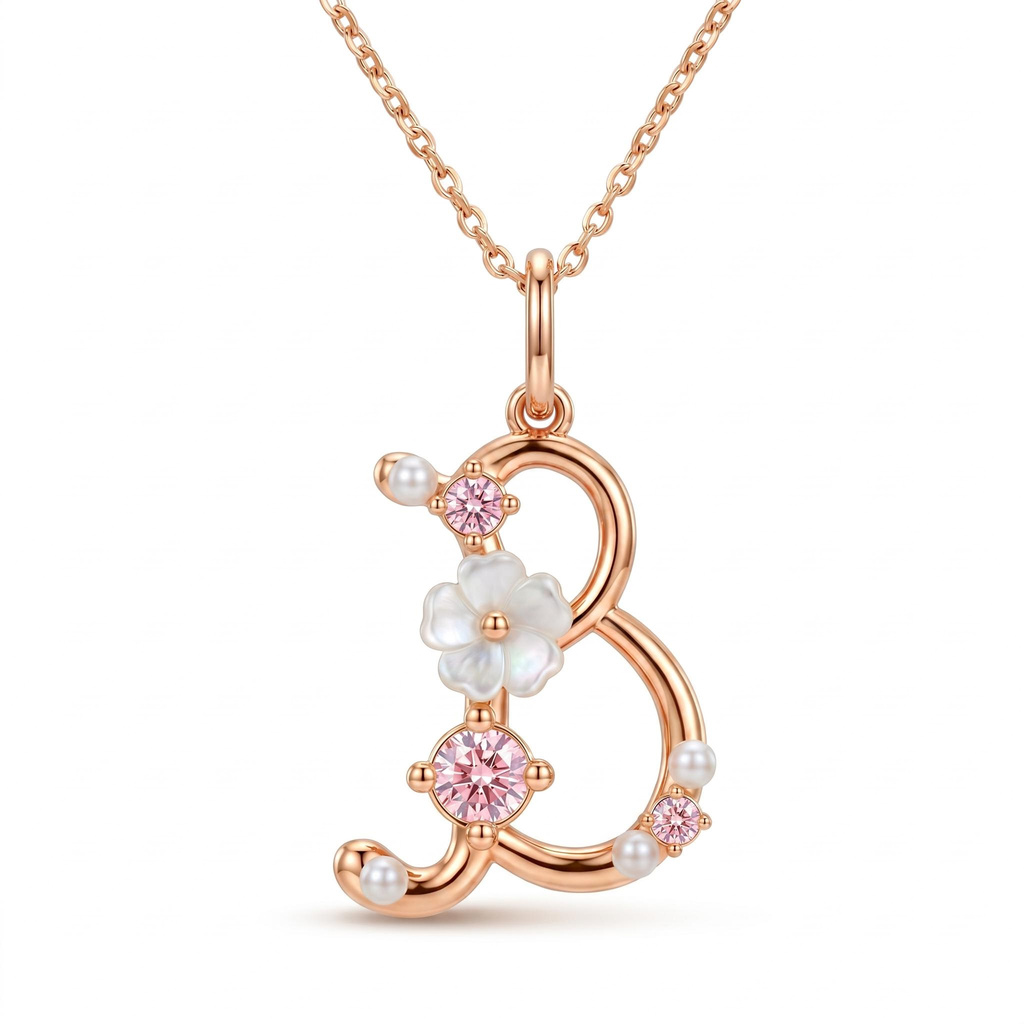 0.39 ct.tw. Custom Initial Necklace with Inlaid Zircon, Pearls and Mother-of-Pearl Flower
