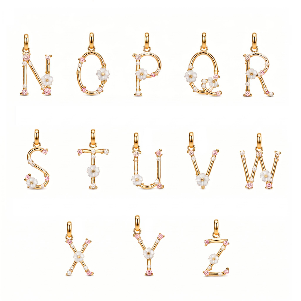 0.39 ct.tw. Custom Initial Necklace with Inlaid Zircon, Pearls and Mother-of-Pearl Flower