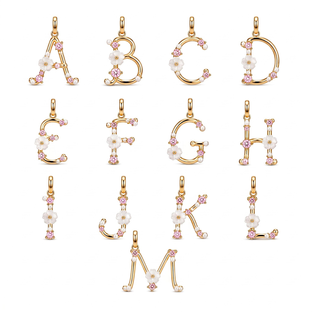 0.39 ct.tw. Custom Initial Necklace with Inlaid Zircon, Pearls and Mother-of-Pearl Flower
