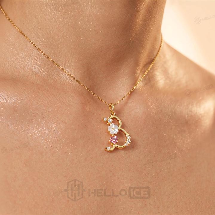 0.39 ct.tw. Custom Initial Necklace with Inlaid Zircon, Pearls and Mother-of-Pearl Flower