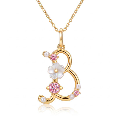 0.39 ct.tw. Custom Initial Necklace with Inlaid Zircon, Pearls and Mother-of-Pearl Flower