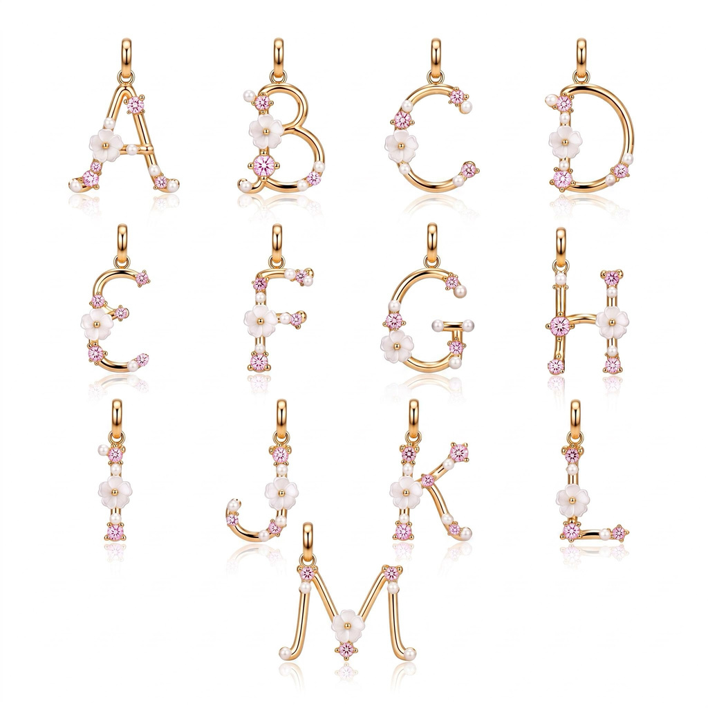 0.39 ct.tw. Custom Initial Necklace with Inlaid Zircon, Pearls and Mother-of-Pearl Flower