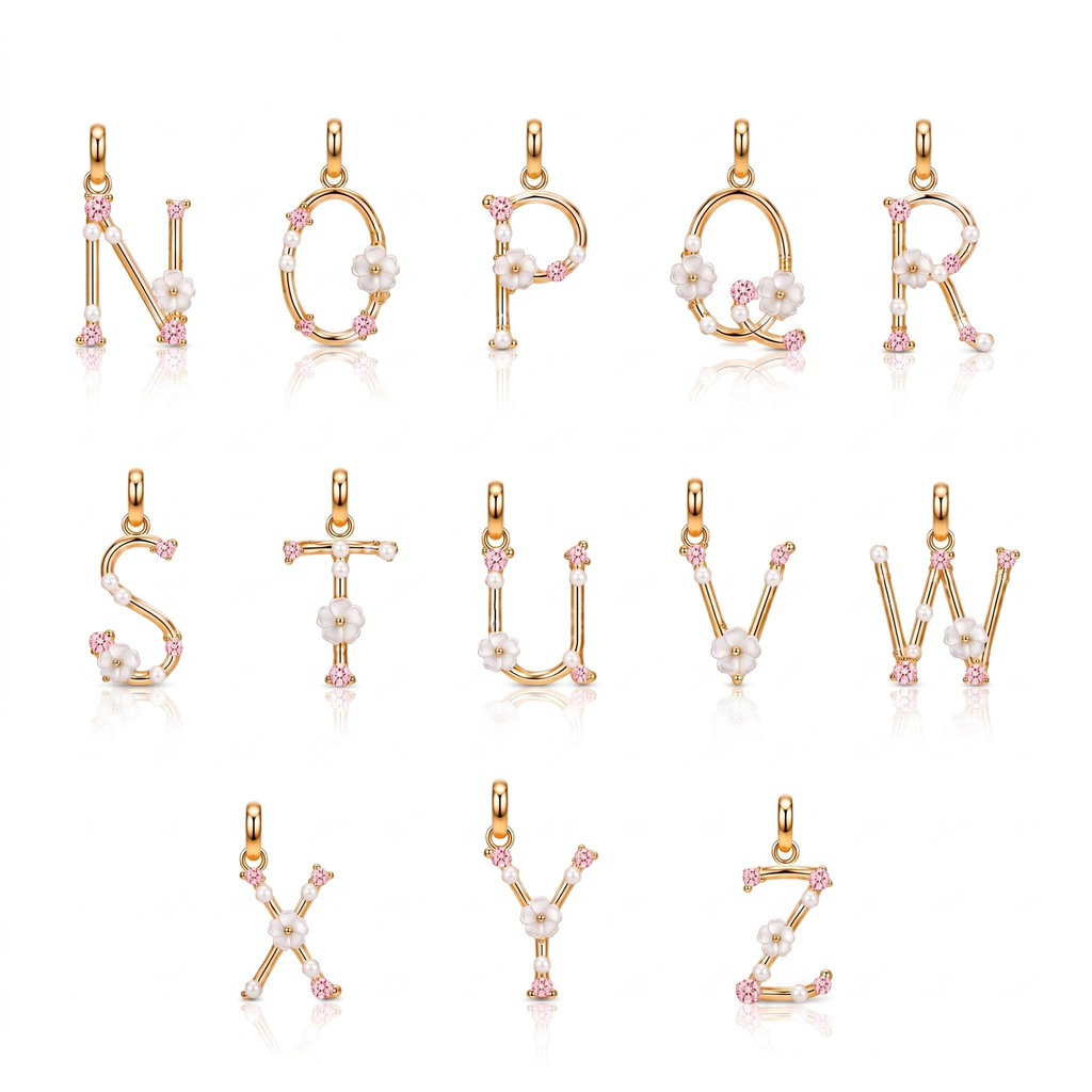 0.39 ct.tw. Custom Initial Necklace with Inlaid Zircon, Pearls and Mother-of-Pearl Flower