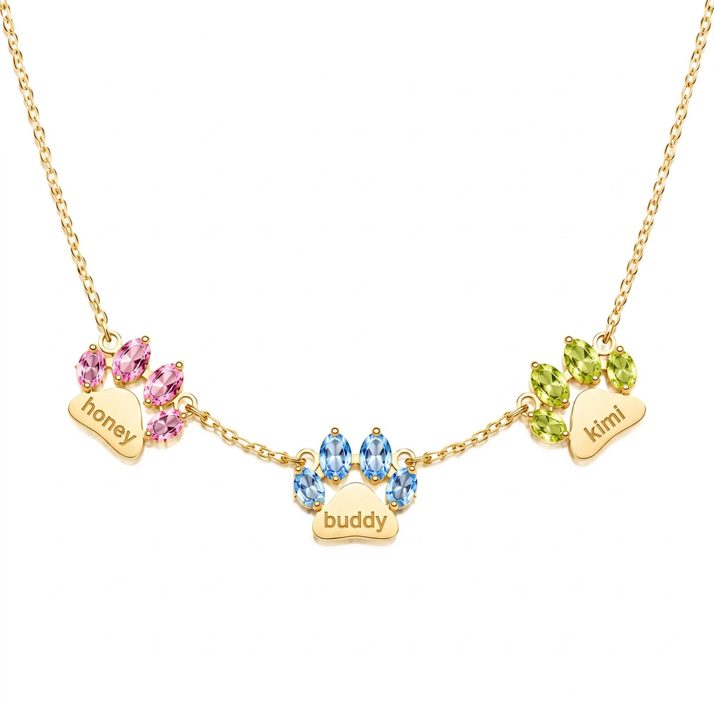 3.3 ct.tw. Custom Engraved Colorful Gem Pet Paw Print Necklace 3.3 ct.tw. Custom Engraved Colorful Gem Pet Paw Print Necklace