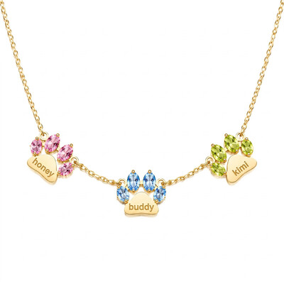 3.3 ct.tw. Custom Engraved Colorful Gem Pet Paw Print Necklace
