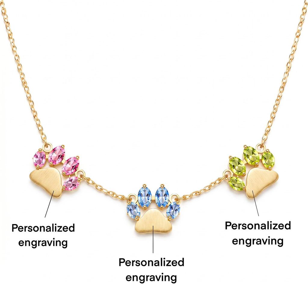 3.3 ct.tw. Custom Engraved Colorful Gem Pet Paw Print Necklace 3.3 ct.tw. Custom Engraved Colorful Gem Pet Paw Print Necklace