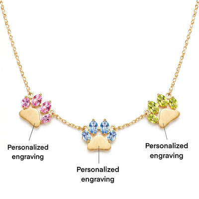 3.3 ct.tw. Custom Engraved Colorful Gem Pet Paw Print Necklace
