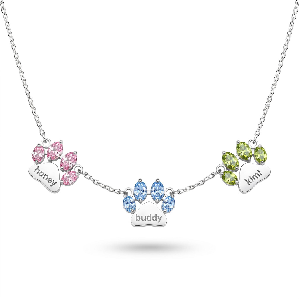 3.3 ct.tw. Custom Engraved Colorful Gem Pet Paw Print Necklace 3.3 ct.tw. Custom Engraved Colorful Gem Pet Paw Print Necklace