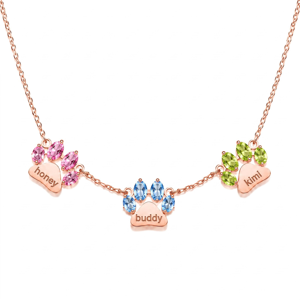 3.3 ct.tw. Custom Engraved Colorful Gem Pet Paw Print Necklace 3.3 ct.tw. Custom Engraved Colorful Gem Pet Paw Print Necklace
