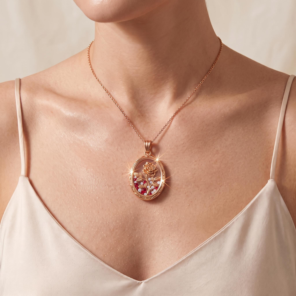 0.3 ct.tw. Light Luxury Gold-Plated Red Diamond Rose Oval Pendant Necklace 0.3 ct.tw. Light Luxury Gold-Plated Red Diamond Rose Oval Pendant Necklace