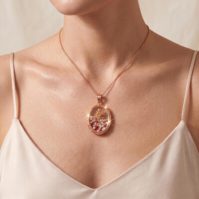0.3 ct.tw. Light Luxury Gold-Plated Red Diamond Rose Oval Pendant Necklace