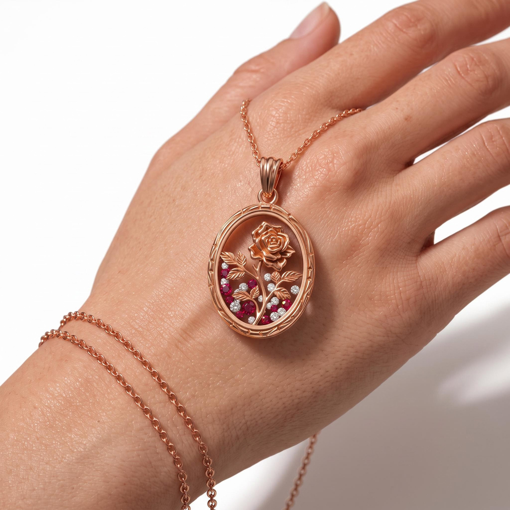 0.3 ct.tw. Light Luxury Gold-Plated Red Diamond Rose Oval Pendant Necklace 0.3 ct.tw. Light Luxury Gold-Plated Red Diamond Rose Oval Pendant Necklace