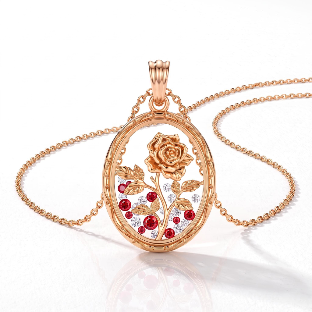 0.3 ct.tw. Light Luxury Gold-Plated Red Diamond Rose Oval Pendant Necklace 0.3 ct.tw. Light Luxury Gold-Plated Red Diamond Rose Oval Pendant Necklace