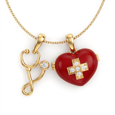 0.16 ct.tw. Medical Stethoscope Red Enamel Heart Locket Pendant