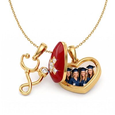 0.16 ct.tw. Medical Stethoscope Red Enamel Heart Locket Pendant