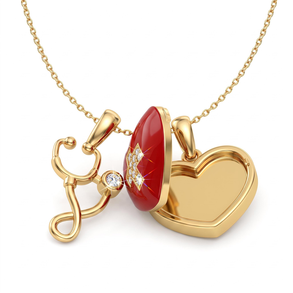 0.16 ct.tw. Medical Stethoscope Red Enamel Heart Locket Pendant 0.16 ct.tw. Medical Stethoscope Red Enamel Heart Locket Pendant