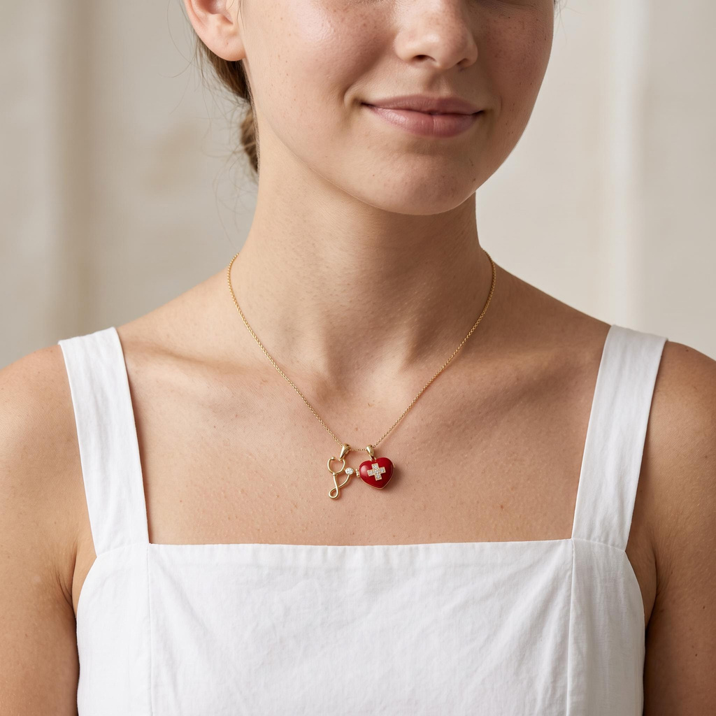 0.16 ct.tw. Medical Stethoscope Red Enamel Heart Locket Pendant 0.16 ct.tw. Medical Stethoscope Red Enamel Heart Locket Pendant