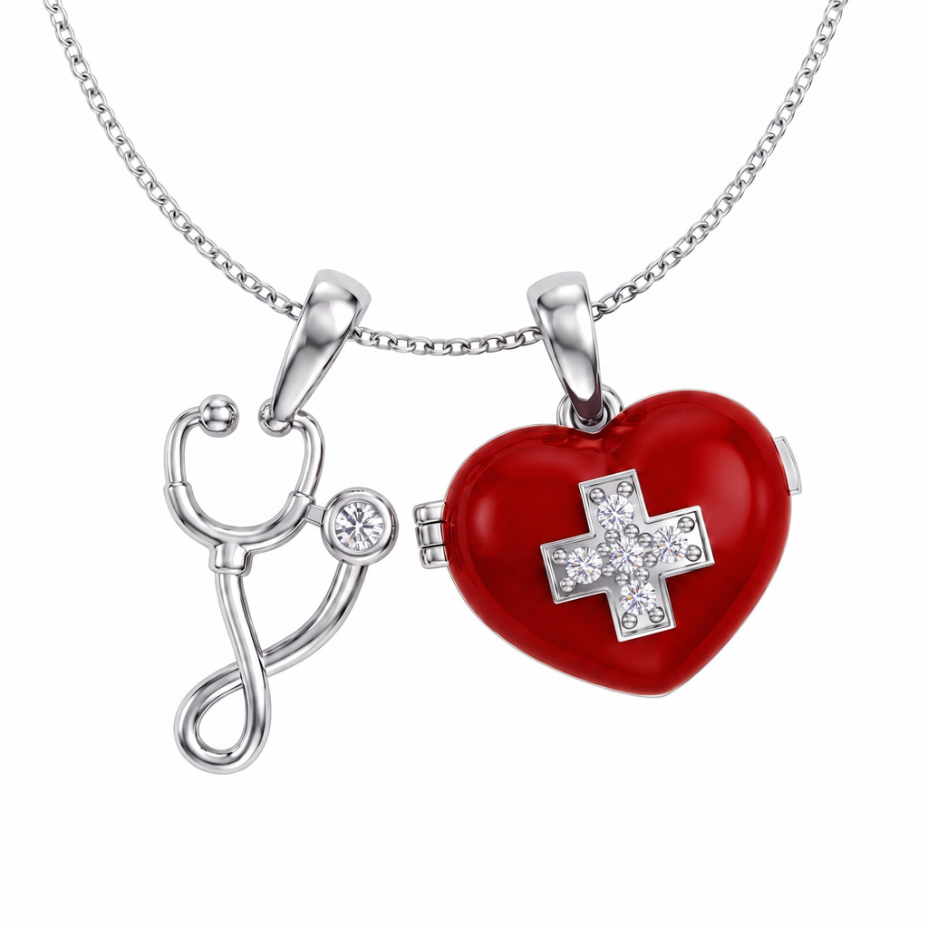 0.16 ct.tw. Medical Stethoscope Red Enamel Heart Locket Pendant 0.16 ct.tw. Medical Stethoscope Red Enamel Heart Locket Pendant