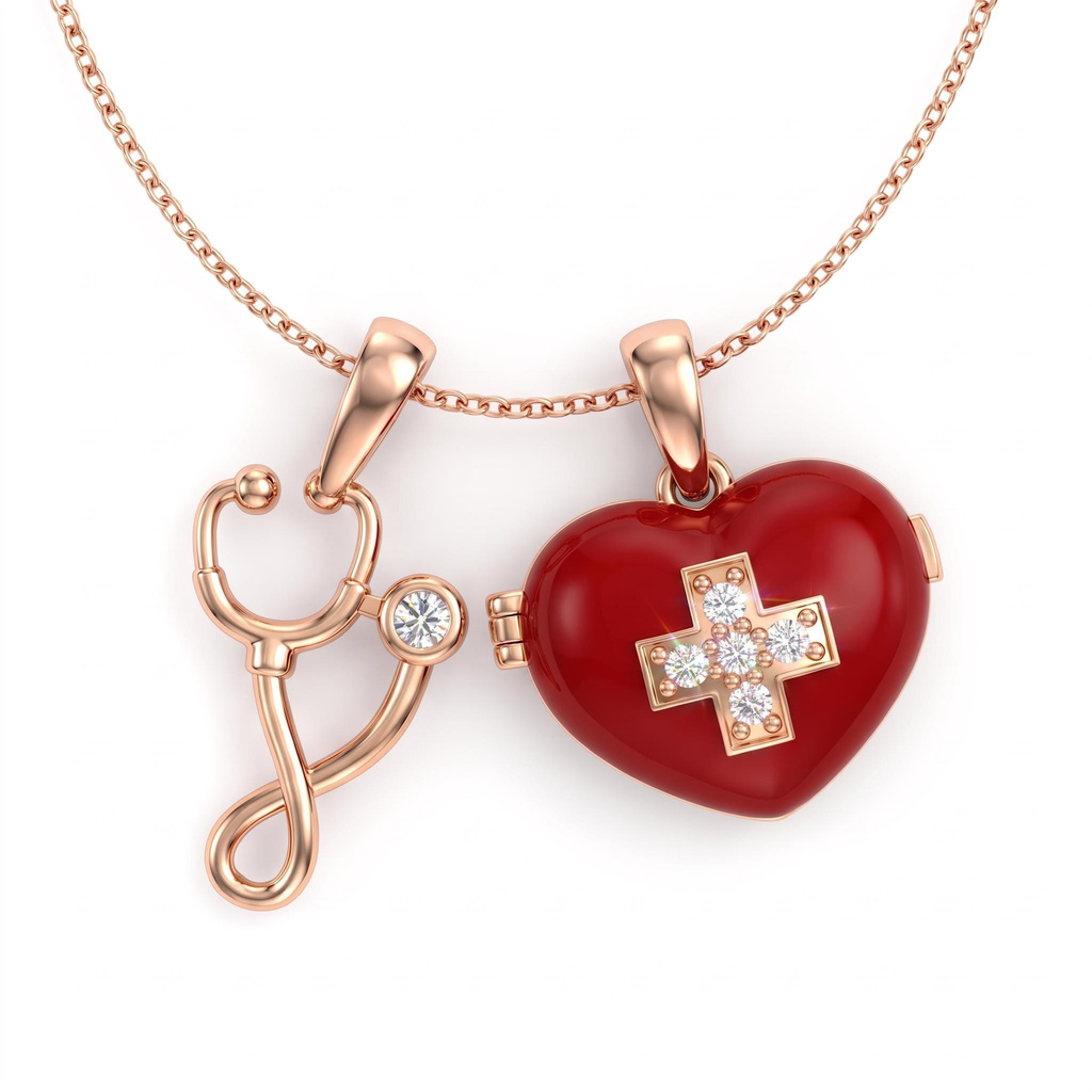 0.16 ct.tw. Medical Stethoscope Red Enamel Heart Locket Pendant 0.16 ct.tw. Medical Stethoscope Red Enamel Heart Locket Pendant