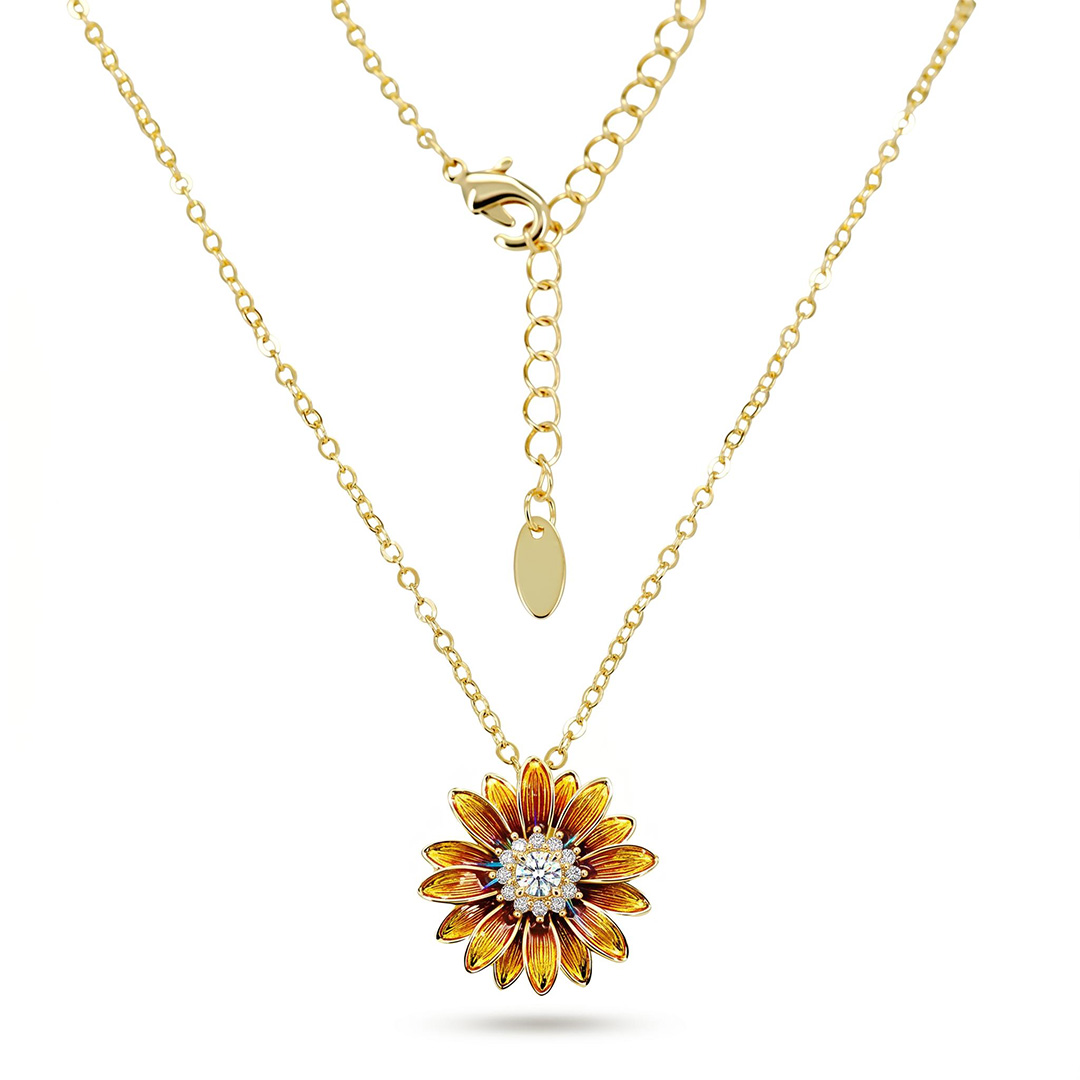 Enamel Nature Glaze Brown Yellow Sunflower Pendant Necklace