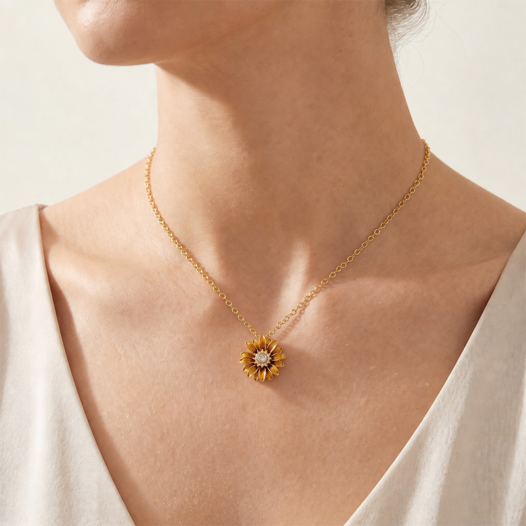 Enamel Nature Glaze Brown Yellow Sunflower Pendant Necklace